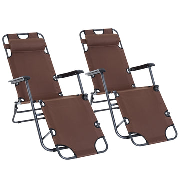 2 Pieces 2 in 1 Sun Lounger Folding Reclining Chair Garden Outdoor Camping Adjustable Back with Pillow, Brown