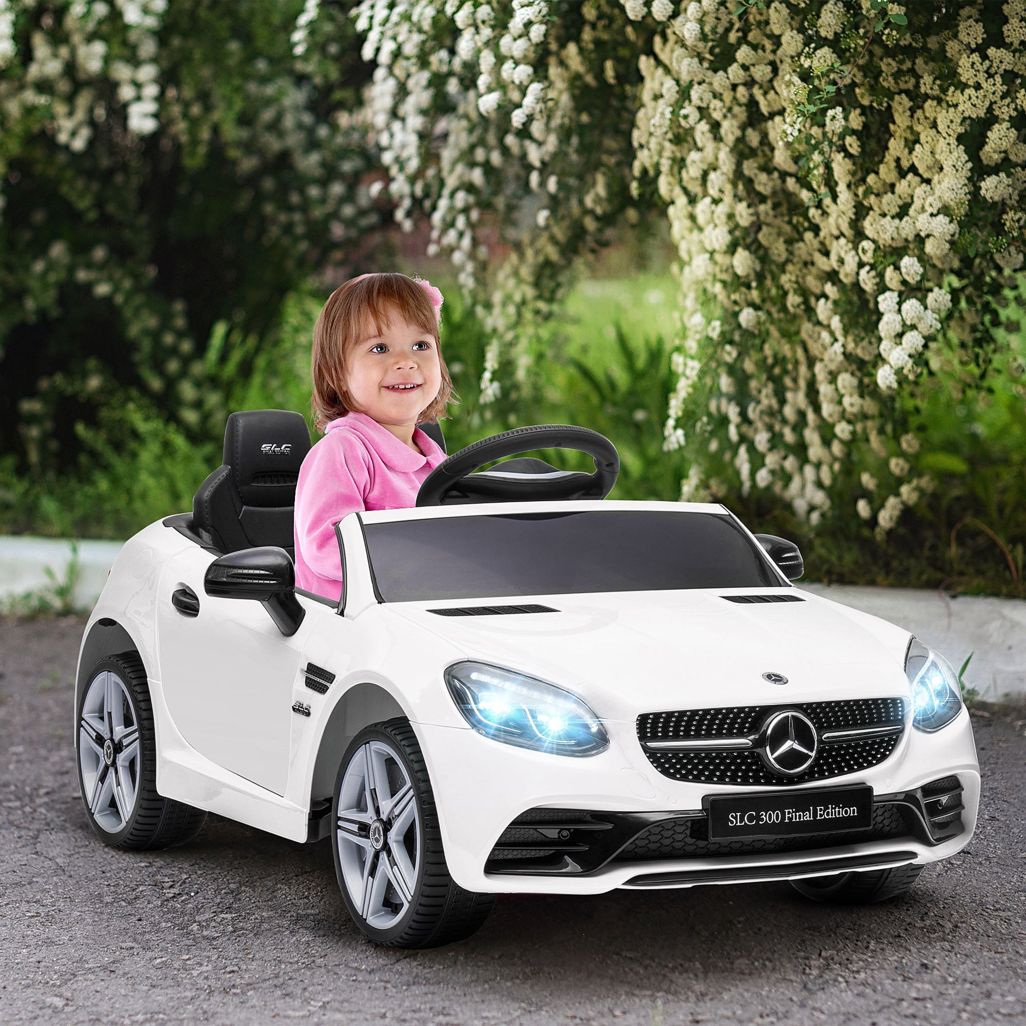 Benz SLC 300 Licensed 12V Electric Car for Kids, Kids' Electric Ride on with Parental Remote, Music Lights, Suspension Wheels for 3-6 Years, White