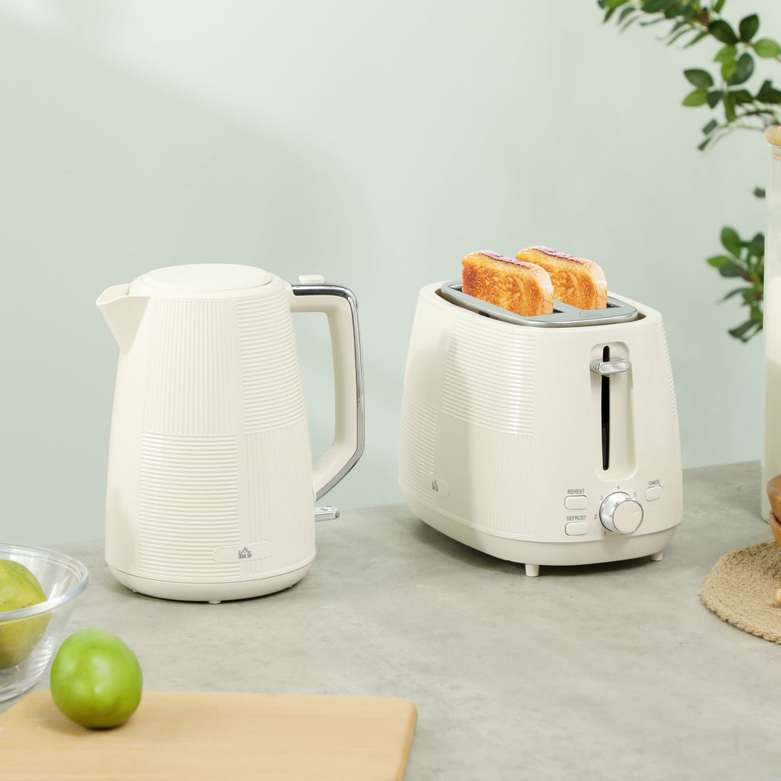 Kettle and Toaster Set, 1.7L 3000W Fast Boil Kettle & 2 Slice Toaster Kitchen Set with 7 Level Browning Controls, Defrost, Reheat, Boil-dry Protection, Cream White