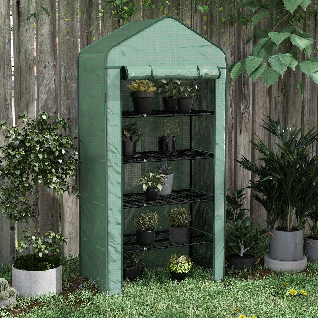 5 Tier Widened Mini Greenhouse with Reinforced PE Cover, Portable Indoor Outdoor Green House with Roll-up Door and Wire Shelves, 193H x 90W x 49Dcm, Green