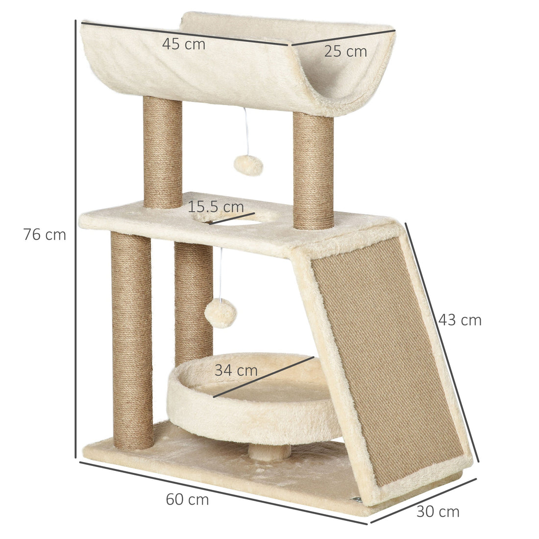 Cat Tree Tower, with Scratching Posts, Pad, Bed, Perch, Toy Ball - Light Brown