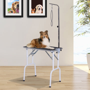 32" Foldable Dog Grooming Table Pet Drying Beauty Table Adjustable Fixed Arm Rubber Top, Black
