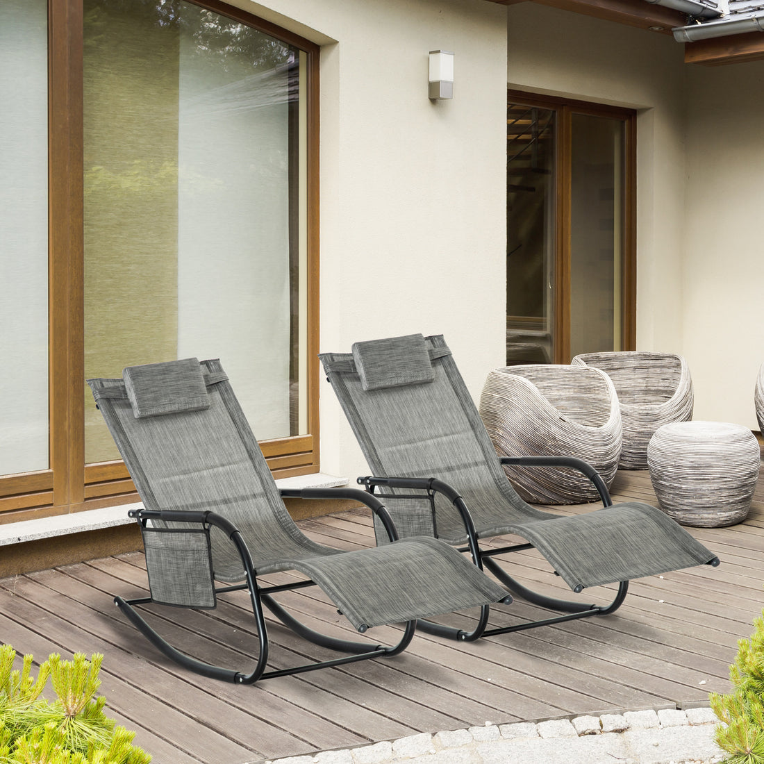 2PCs Outdoor Garden Rocking Chair, Patio Sun Lounger Rocker Chair with Breathable Mesh Fabric, Removable Headrest Pillow, Armrest, Side Storage Bag, Dark Grey