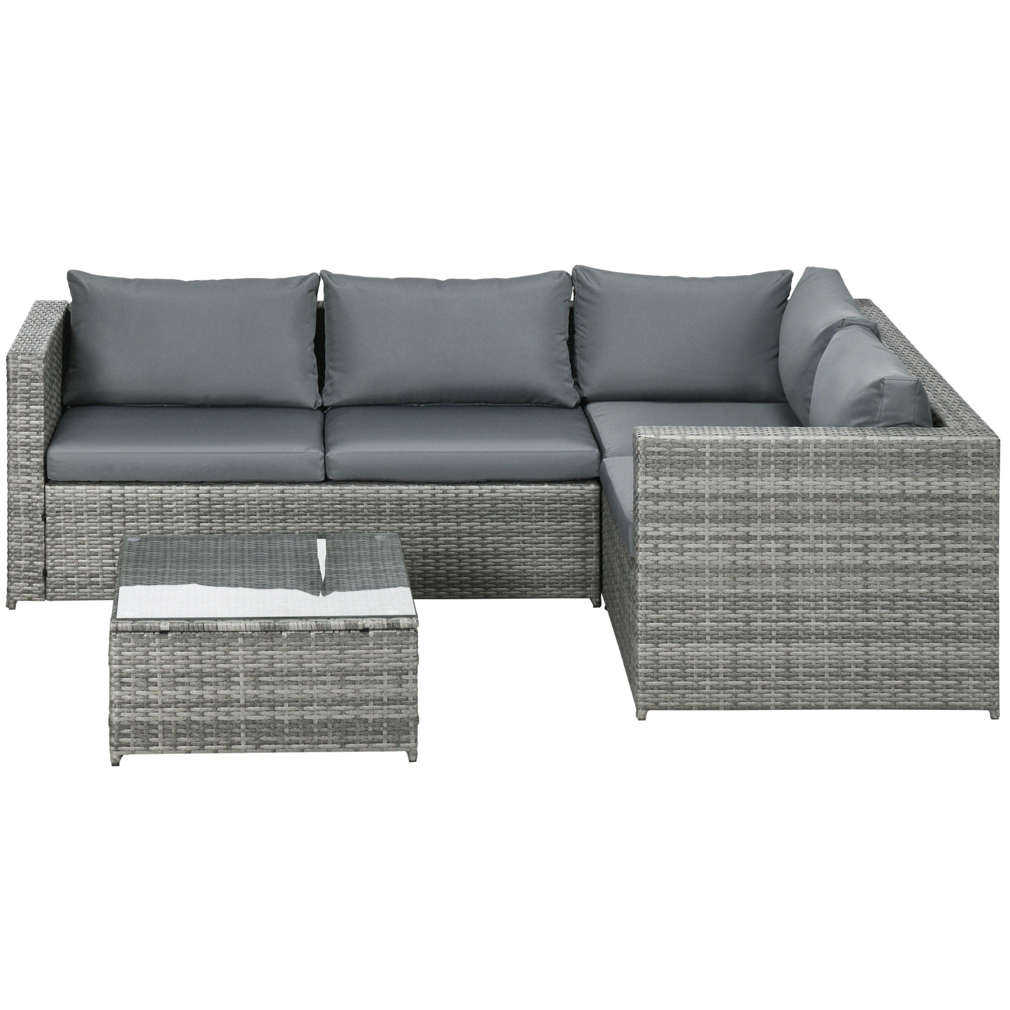 3 Pieces PE Rattan Garden Furniture Set with 10 cm Thick Cushions, 4 Seater Garden Corner Sofa Set with Glass Top Coffee Table, Outdoor Furniture for Patio, Porch, Grey
