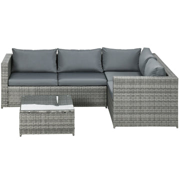 3 Pieces PE Rattan Garden Furniture Set with 10 cm Thick Cushions, 4 Seater Garden Corner Sofa Set with Glass Top Coffee Table, Outdoor Furniture for Patio, Porch, Grey