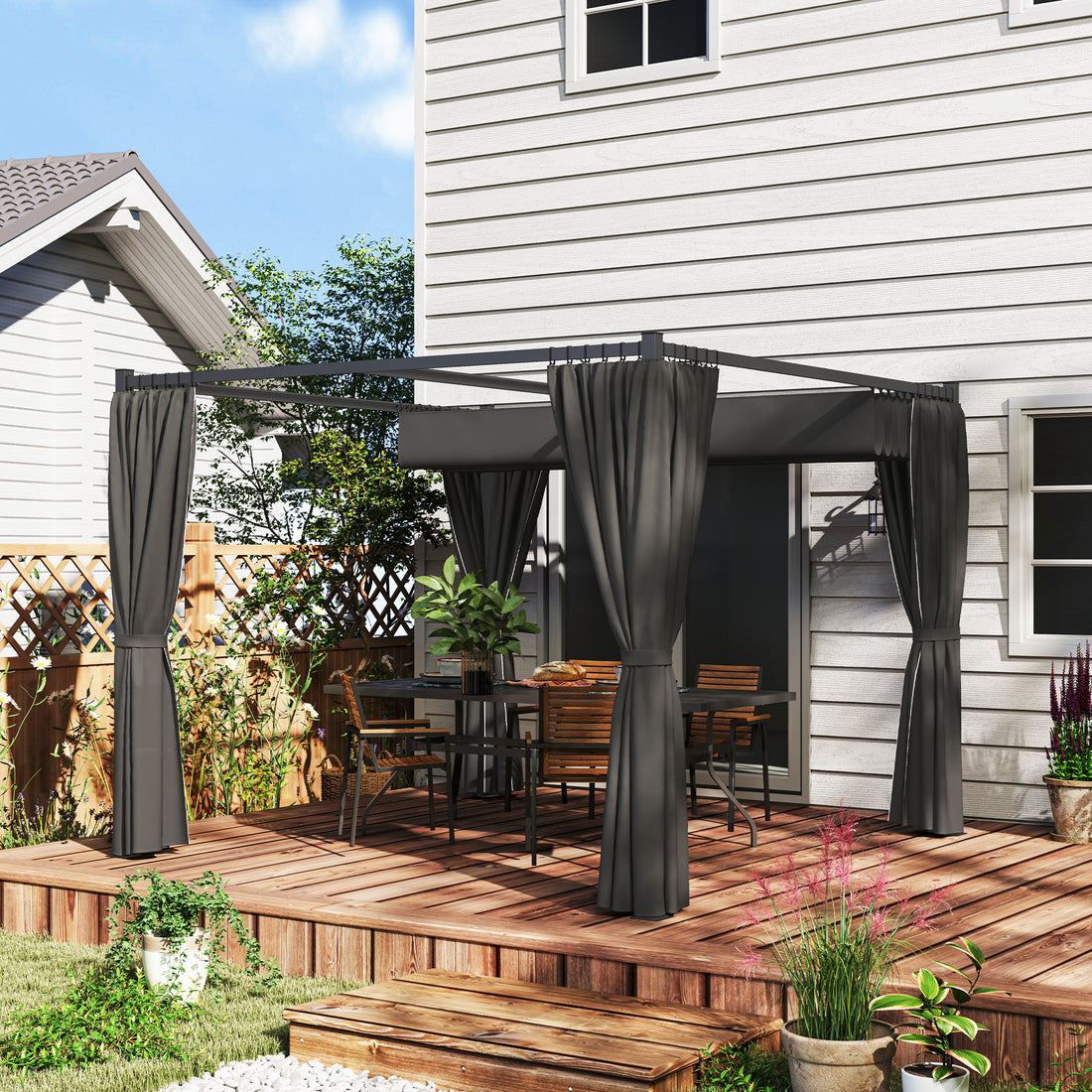 3 x 3(m) Retractable Pergola, Garden Gazebo Shelter with Curtains, for Grill, Patio, Deck, Charcoal Grey