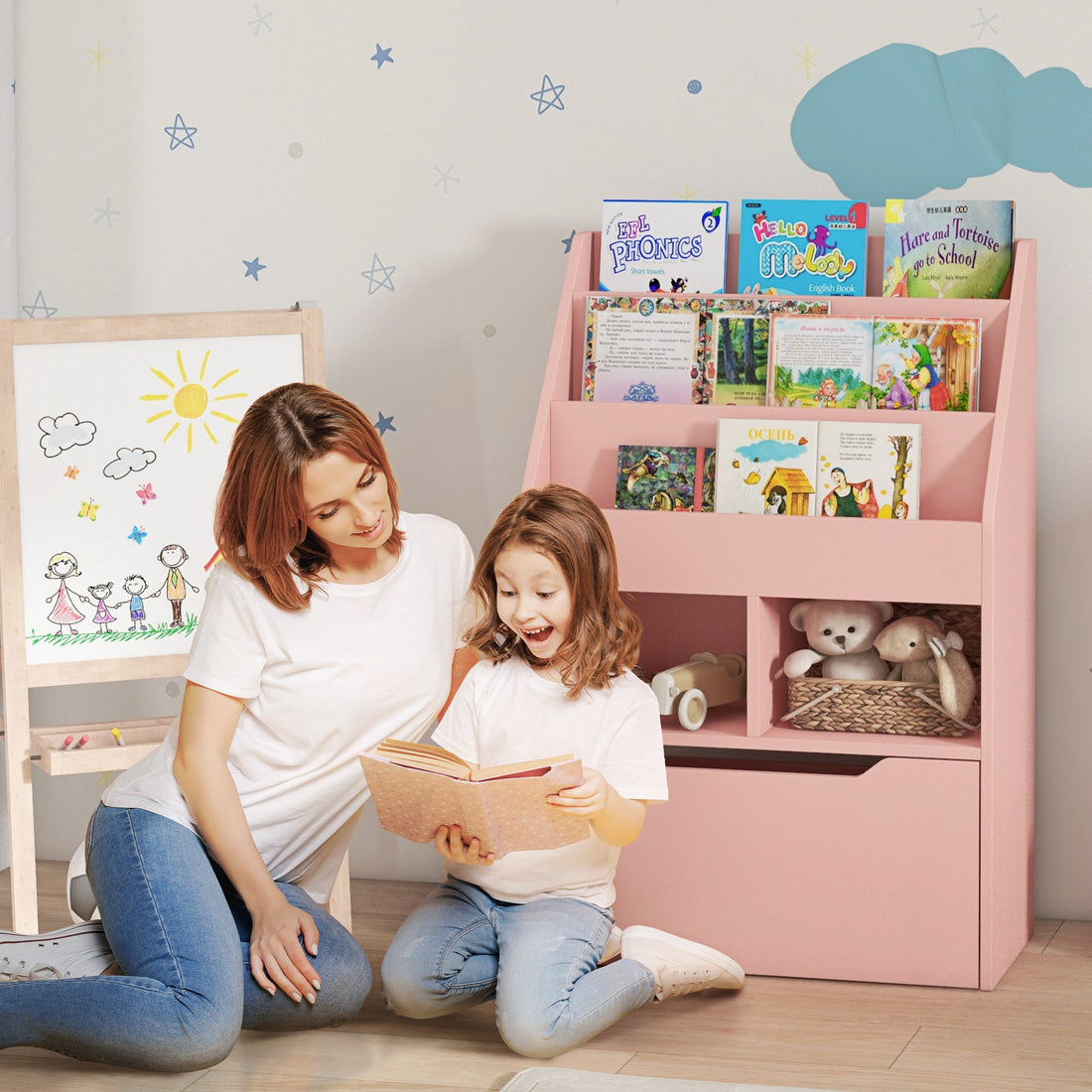 Kids Bookshelf, Toy Organiser, with Storage Drawer, Wheels - Pink