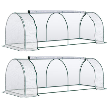 Set of 2 Tunnel Greenhouse, Green Grow House with Roll-up Door, Steel Frame, Plastic Cover for Garden, Outdoor, 250 x 100 x 80cm, Clear