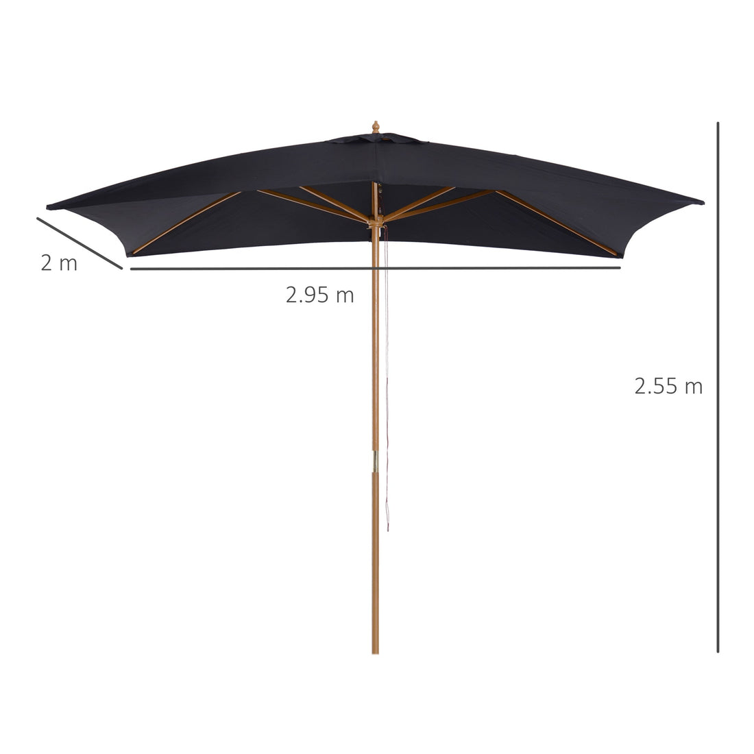2 x 3m Wooden Garden Parasol Umbrella Outdoor Sun Shade Canopy, Black