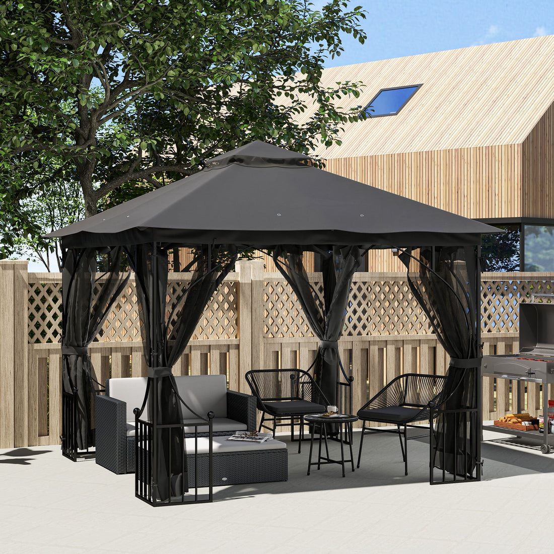 3 x 3(m) Garden Gazebo Patio Party Tent Shelter Outdoor Canopy Double Tier Sun Shade with Metal Frame and Netting, Dark Grey