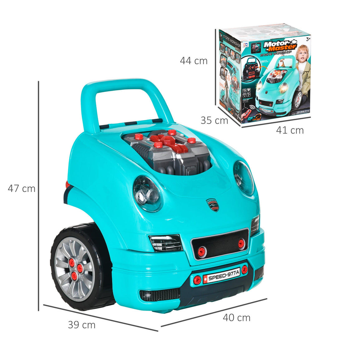 Kids Truck Engine Toy Set, Toddler Educational Car Service Station Playset with Horn, Light, RC Key, DIY Stickers, Four Adjustable Gears for Ages 3-5 Years, Teal