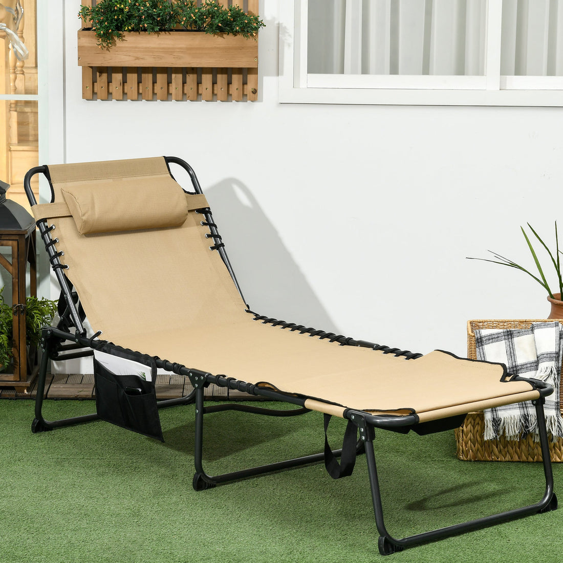 Folding Sun Lounge with 5-level Reclining Back, Outdoor Tanning Chair with Reading Hole, Outdoor Sun Lounge with Side Pocket, Headrest, for Beach, Yard, Patio, Beige