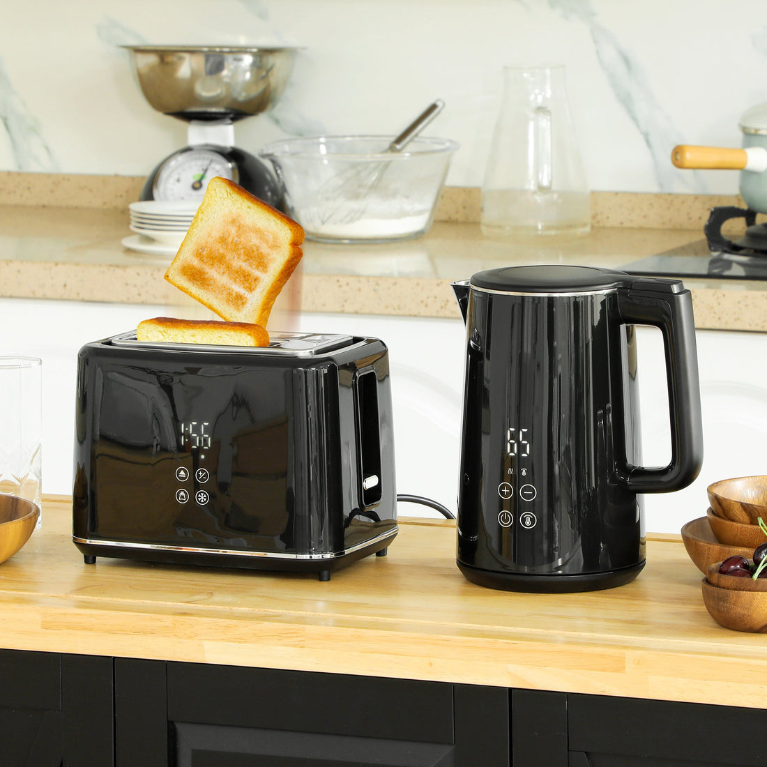 Digital Kettle and Toaster Set, 1.5L 3000W Fast Boil Kettle, 2 Slice Toaster Kitchen Set with 7 Level Browning Controls, Defrost, Reheat, Keep Warm, Crumb Tray and LED Touch Display, Black