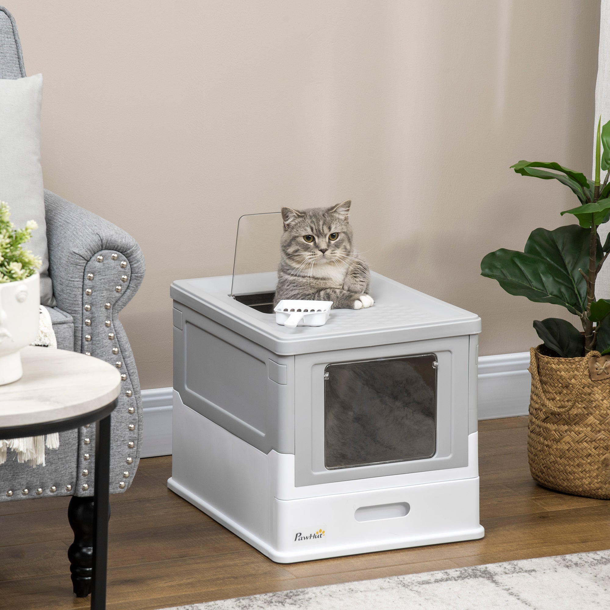 Hooded Cat Litter Box, Portable Pet Toilet, with Scoop, Front Entry - Grey