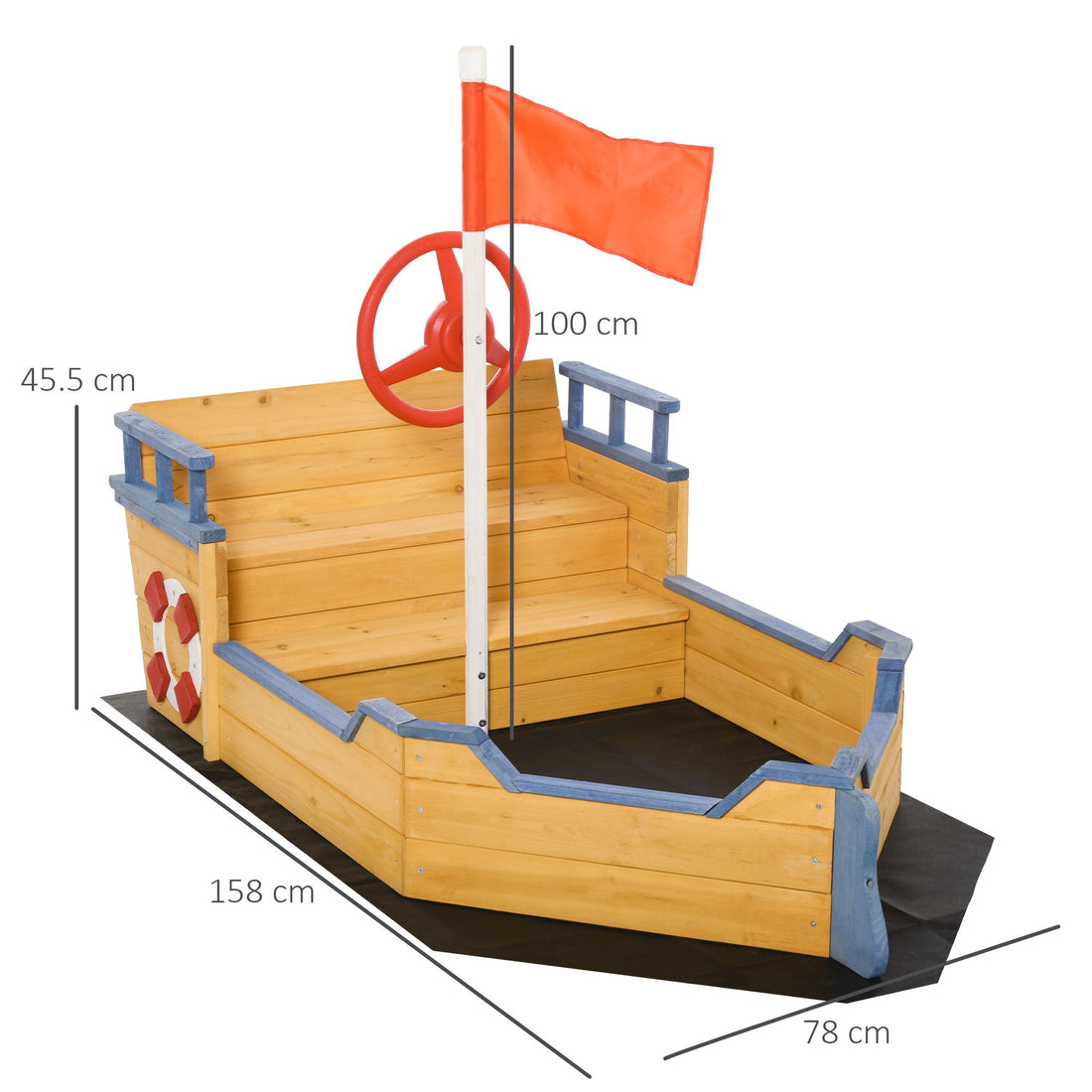 Sand pit Kids Children Sandpit Wooden Pirate Ship Sandboat Outdoor Backyard Playset w/Bench Bottom Liner