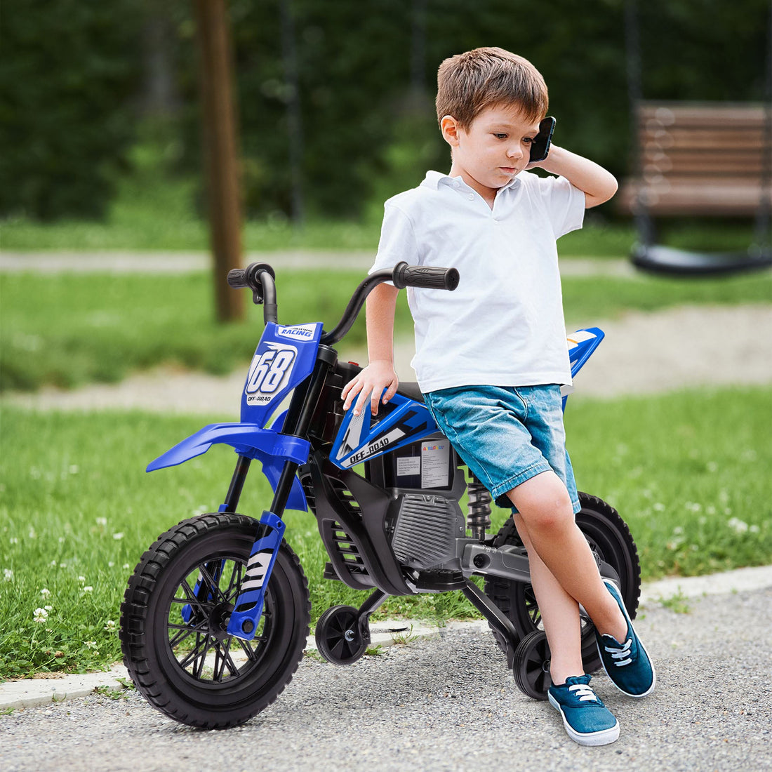 12V Kids Electric Motorbike, Kids Electric Ride on motorcycle w/ Twist Grip Throttle, Training Wheels, Blue