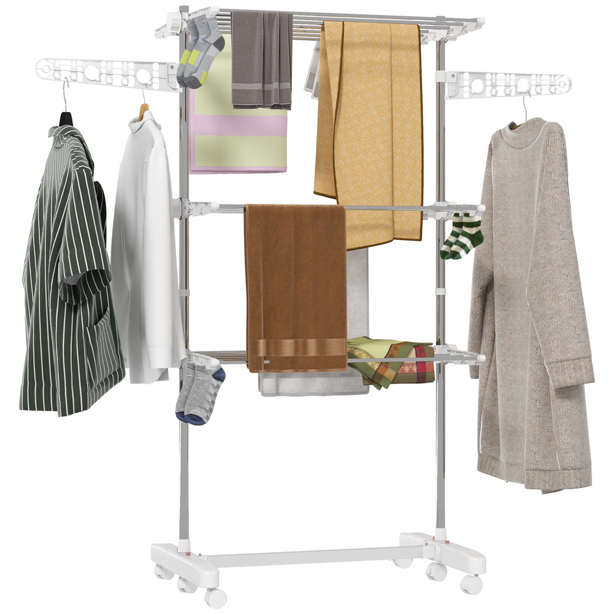 3-Tier Clothes Airer, Stainless Steel Foldable Clothes Drying Rack with Wheels and Wings, Indoor and Outdoor, Easy Assembly, 142 x 55 x 152cm, White