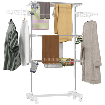 3-Tier Clothes Airer, Stainless Steel Foldable Clothes Drying Rack with Wheels and Wings, Indoor and Outdoor, Easy Assembly, 142 x 55 x 152cm, White