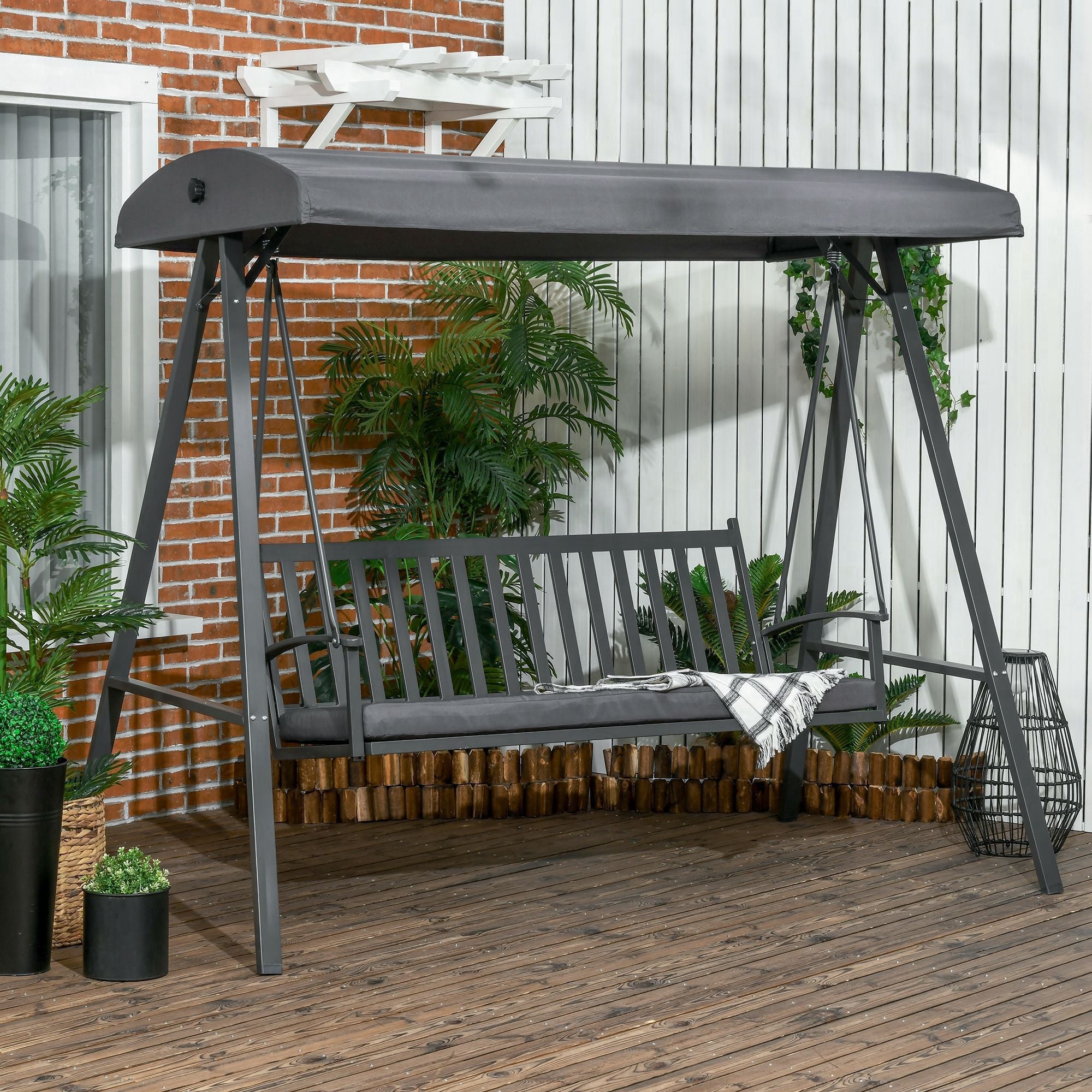 3-Seat Garden Swing Chair, Outdoor Canopy Swing with Removable Cushion, Adjustable Shade, and Slatted Bench, for Porch, Poolside, Backyard, Dark Grey