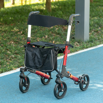 Folding Rollator Walker with Seat and Backrest, Lightweight Walking Frame with Detachable Storage Bag, Dual Brakes, Adjustable Handle Height, 4 Wheeled Walker for Seniors, Handicapped, Red