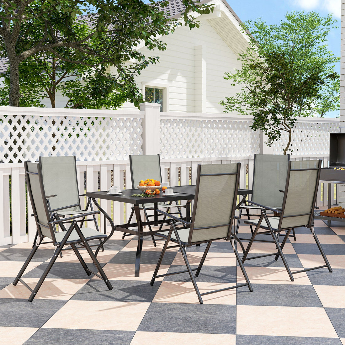 Seven-Piece Steel Outdoor Dining Set, with Parasol Hole - Khaki
