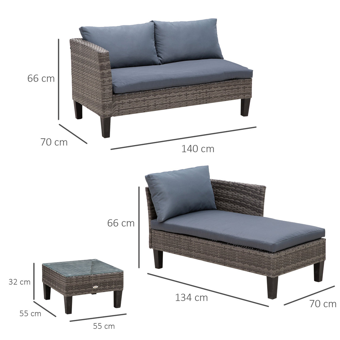 3 Pcs Garden Sofa PE Rattan Set w/ 2 Seats Square Glass Top Coffee Table Thick Cushions Solid Legs Metal Frame Patio Outdoor Balcony Patio L Corner Shape - Grey