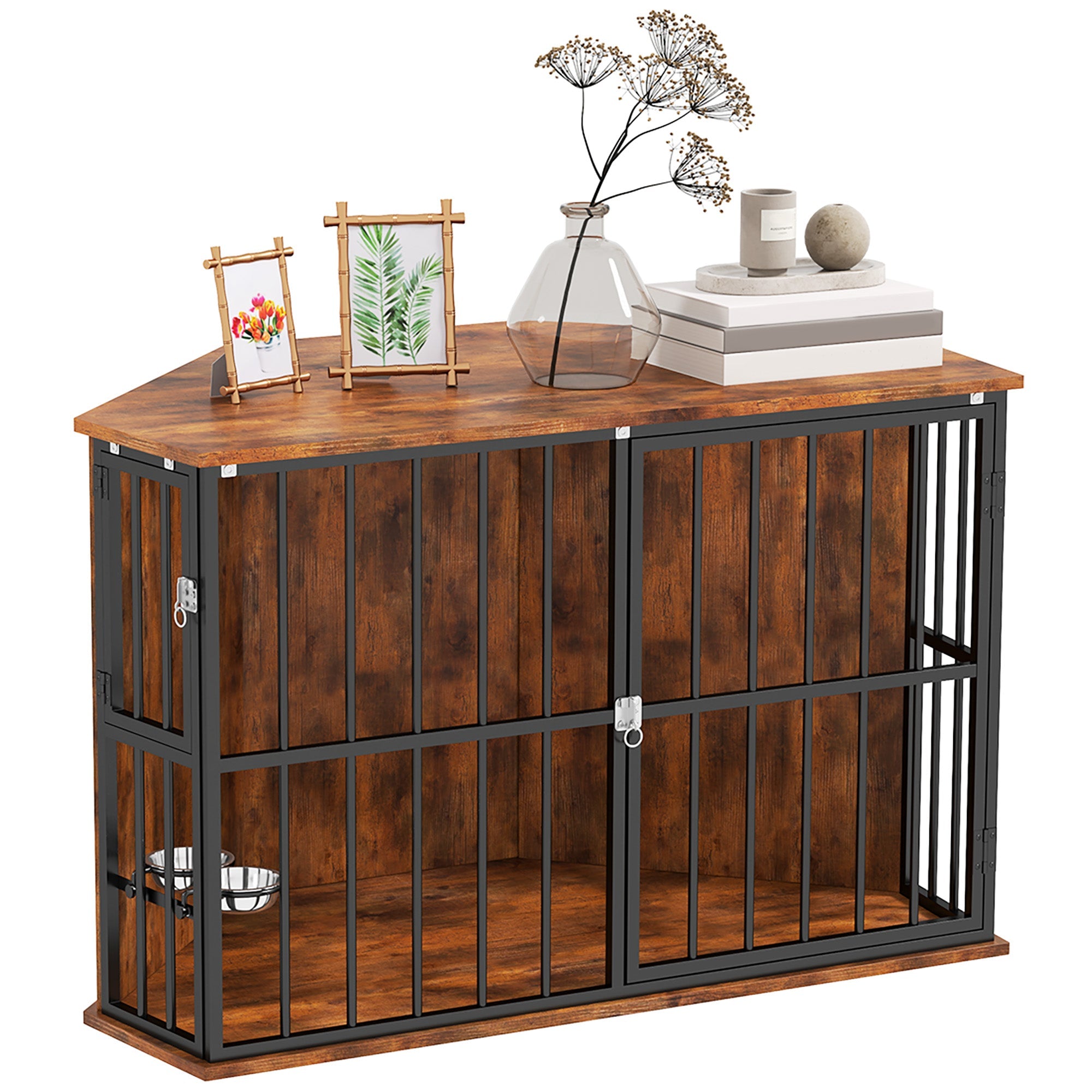 Corner Dog Crate Furniture with 2 Bowls, Lockable Doors, for Small Medium Dogs, Rustic Brown