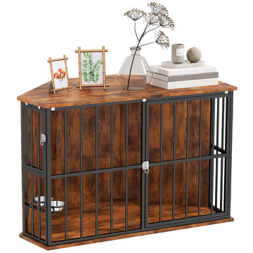 Corner Dog Crate Furniture with 2 Bowls, Lockable Doors, for Small Medium Dogs, Rustic Brown