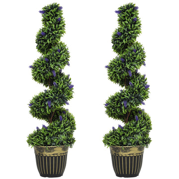 Set of 2 Decorative Artificial Plants, Boxwood Spiral Topiary Tree with Lavender and Pot, Fake Plants for Home Indoor Outdoor Decor, 115cm