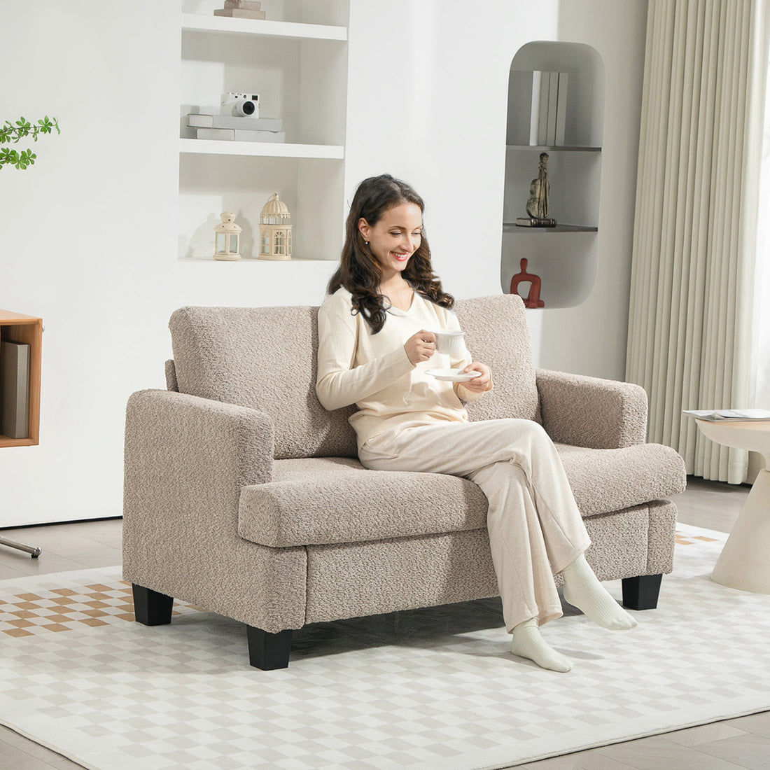 2 Seater Sofa, Loveseat Sofa with Removable Back Cushions, Chenille Fabric Small Couch Settee with S-springs for Living Room, Bedroom, Home Office, Light Brown