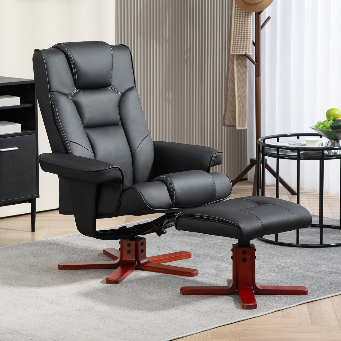 Faux Leather Manual Recliner and Footstool Set - Black