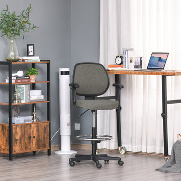 Drafting Chair, Fabric Office Chair, Ergonomic Painting Chair with Height Armrest Adjustable and Foot Ring, 360° Swivel Stool Chair for Standing Desk, Grey