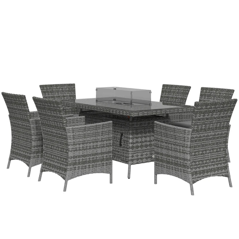7 Pieces Outdoor Rattan Garden Furniture with Fire Pit Table, 6 Seater Garden Table and Chairs with Cushions, Rattan Dining Set with Propane Heater Table, Windscreen, 50,000 BTU, Grey