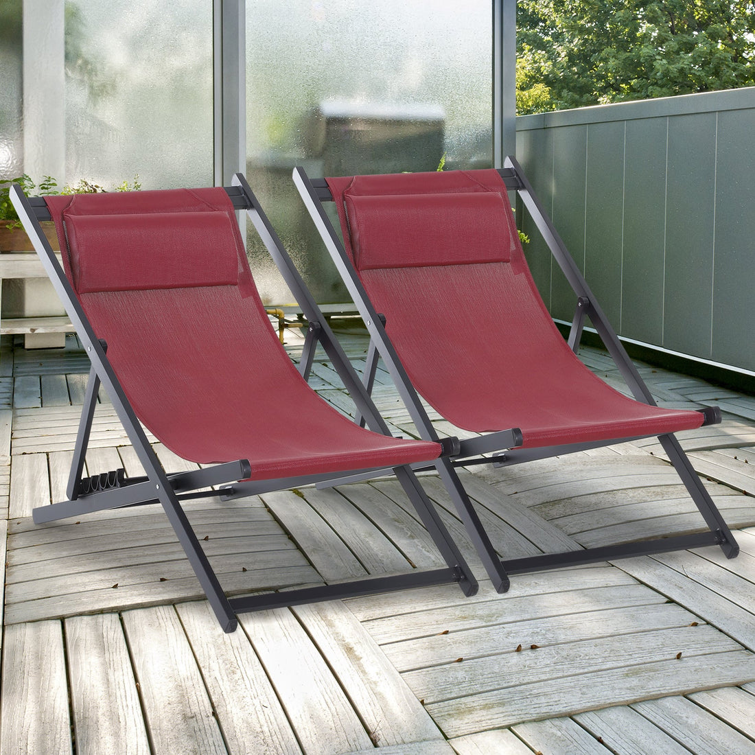 Set of 2 Folding Garden Beach Aluminium Frame Deck Chairs Deckchairs Seaside Folding Garden Patio Lounger, Red
