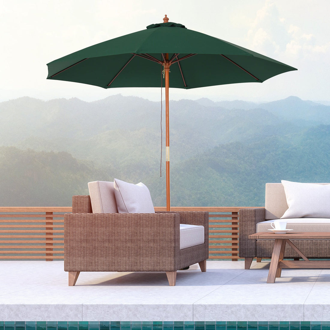 2.5m Garden Parasol Umbrella, Outdoor Market Table Umbrella with Wooden Pole & 8 Fibre Glass Ribs, Round Sun Shade Canopy, Green