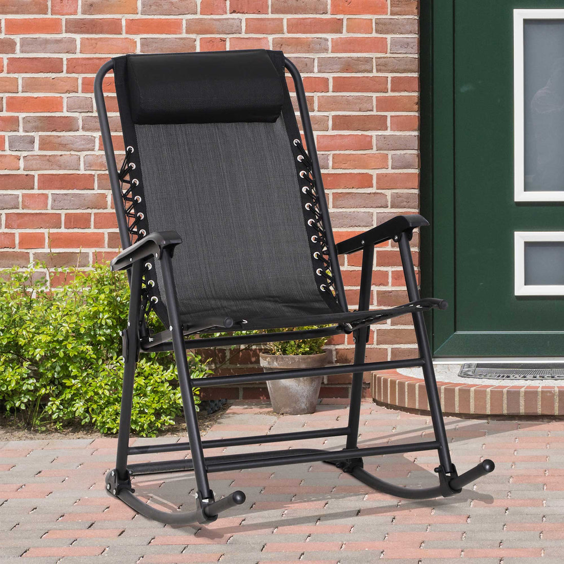 Garden Rocking Chair Folding Outdoor Adjustable Rocker Zero-Gravity Seat with Headrest Camping Fishing Patio Deck, 90 x 64 x 110 cm - Black