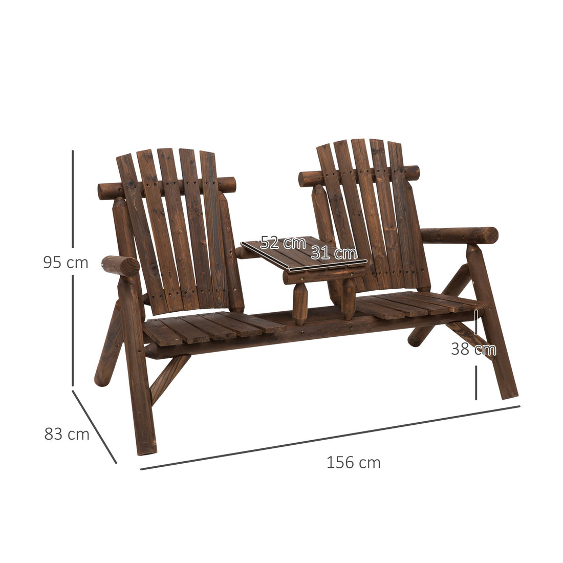 Wood Patio Chair Bench 2 Seats Jack and Jill Seat w/ Center Coffee Table, Garden Bench, Carbonized