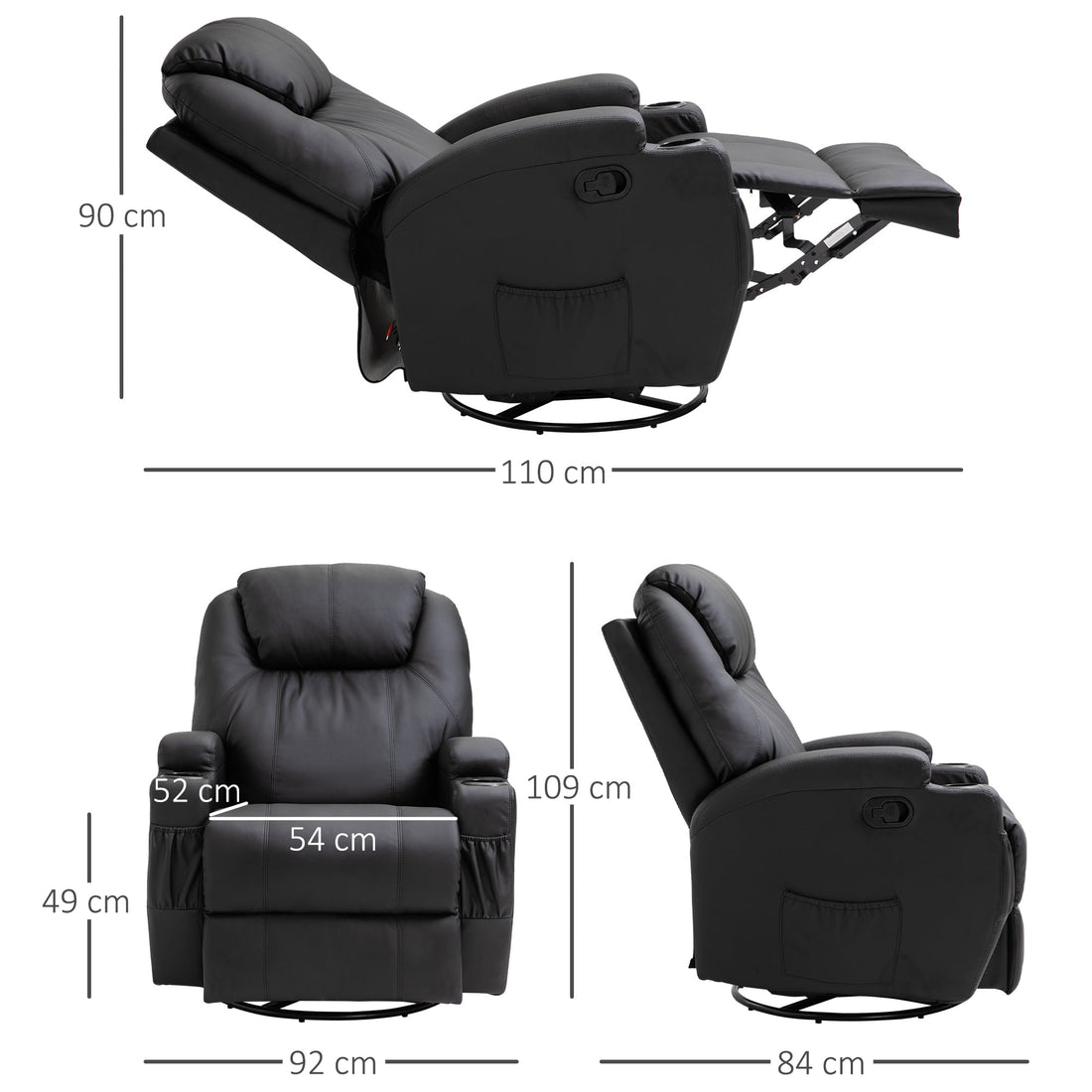 Recliner Chair, Recliner Massage Rocker Chair with 360° Rotate, 165° Reclining Function, Adjustable Footrest, Swivel Armchair Single Sofa for Living Room with Drink Holders, Side Pockets, Black