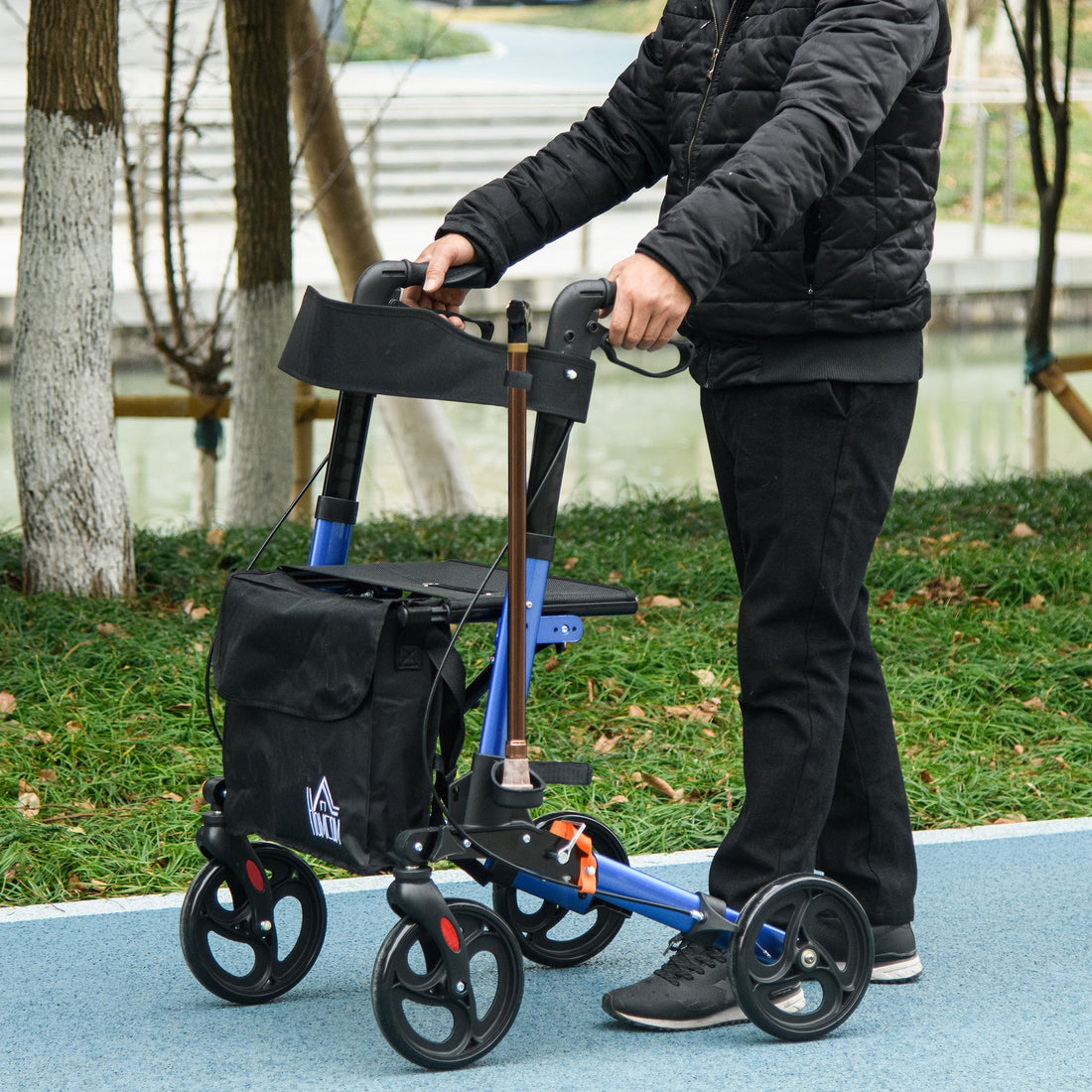 4 Wheel Rollator with Seat and Back, Folding Mobility Walker with Carry Bag, Adjustable Height, Dual Brakes, Cane Holder, Lightweight Aluminium Walking Frame for Seniors and Disabled, Blue