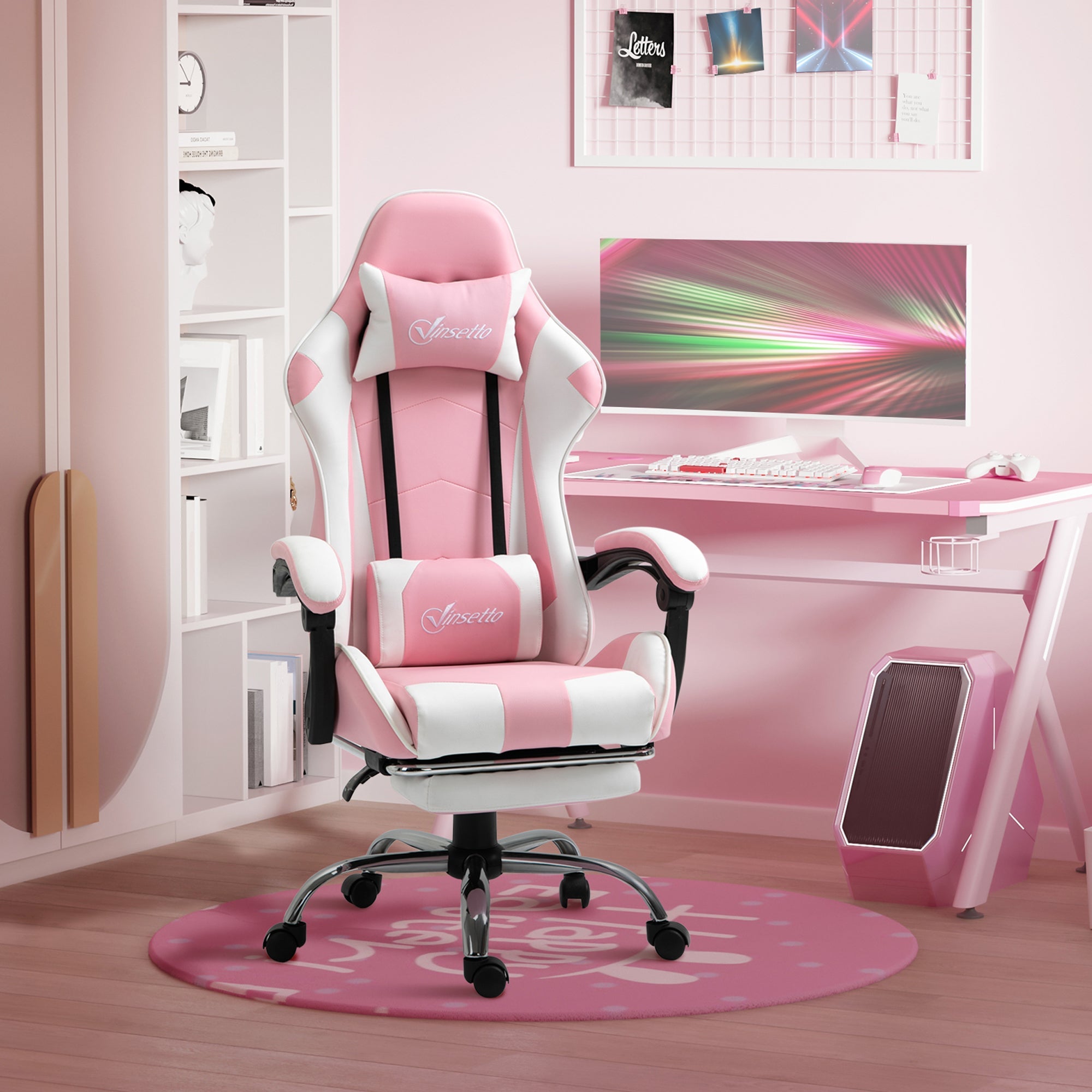 Pink Computer Gaming Chair, Desk Chair with 135° Reclining Back and Retractable Footrest, Adjustable PU Leather Lumbar Support and Headrest, Steel Base for Adults, Girls