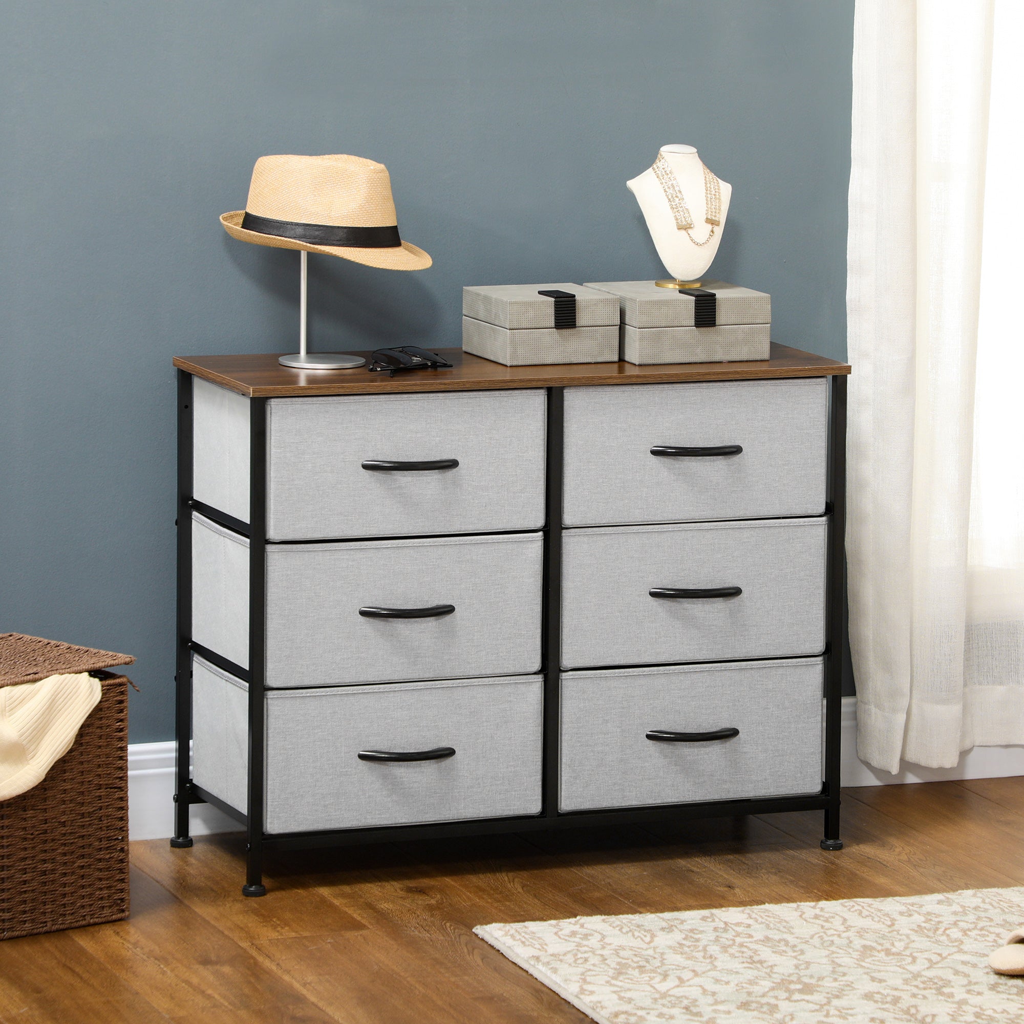 Fabric Chest of Drawers, Storage Drawers, Industrial Bedroom Dresser with 6 Fabric Drawers, Steel Frame and Wooden Top for Nursery, Living Room, Hallway, Grey