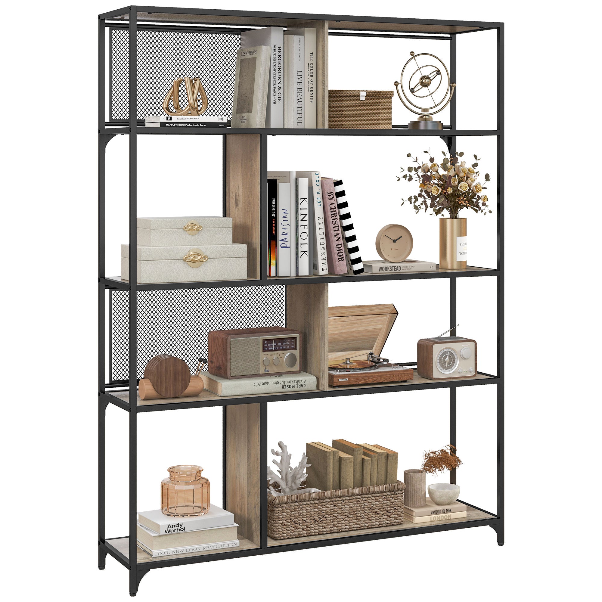 Four Split-Shelf Minimalistic Bookcase - Grey/Black
