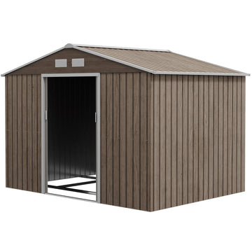 9 x 6ft Steel Garden Shed, Outdoor Storage Tool House with Vents, Foundation and Lockable Double Doors, Brown
