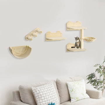 4PCs Wall-Mounted Cat Shelves w/ Scratching Post, Hammock, Nest - Beige