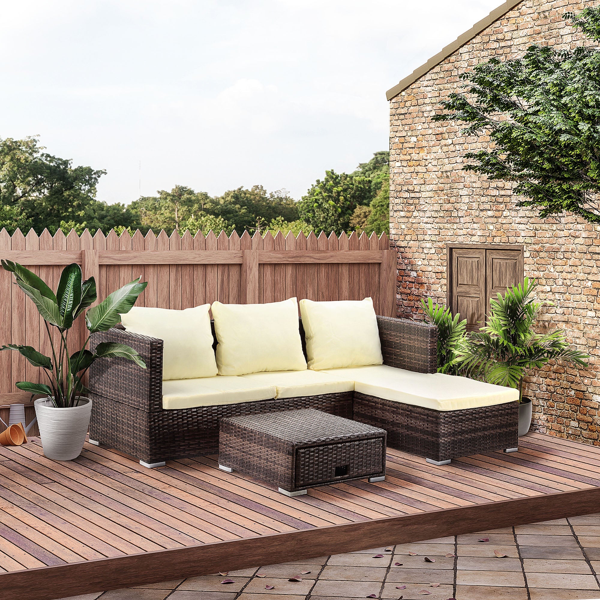 3 Pieces Rattan Garden Furniture Sofa Set, 4 Seater Garden Corner Sofa with 5-Level Reclining Sun Lounger and Storage Coffee Table, Outdoor Furniture Conservatory Set with Cushions, Brown