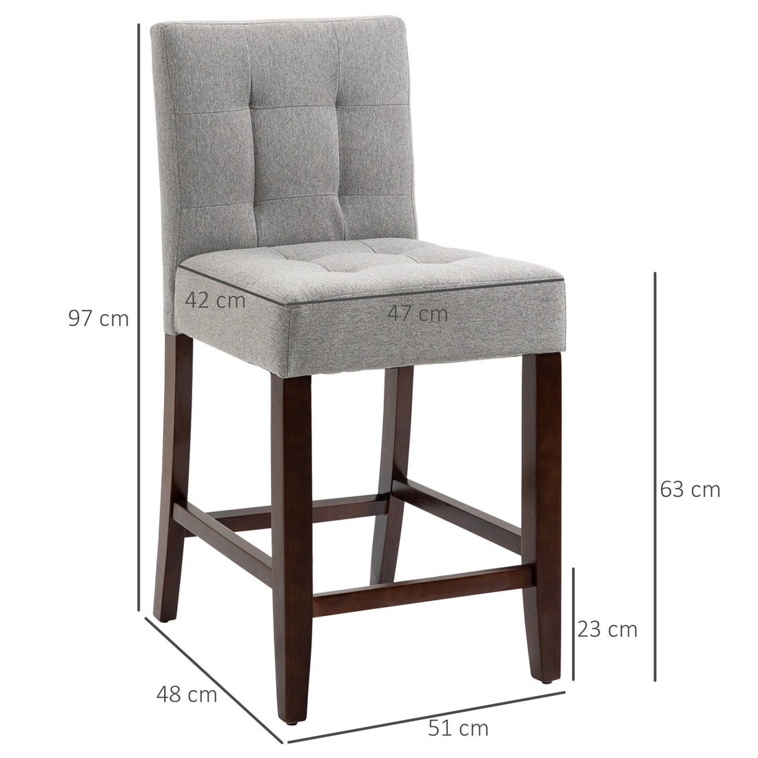 Modern Fabric Bar Stools Set of 2, Thick Padding Kitchen Stool, Bar Chairs with Tufted Back, Wood Legs, Grey