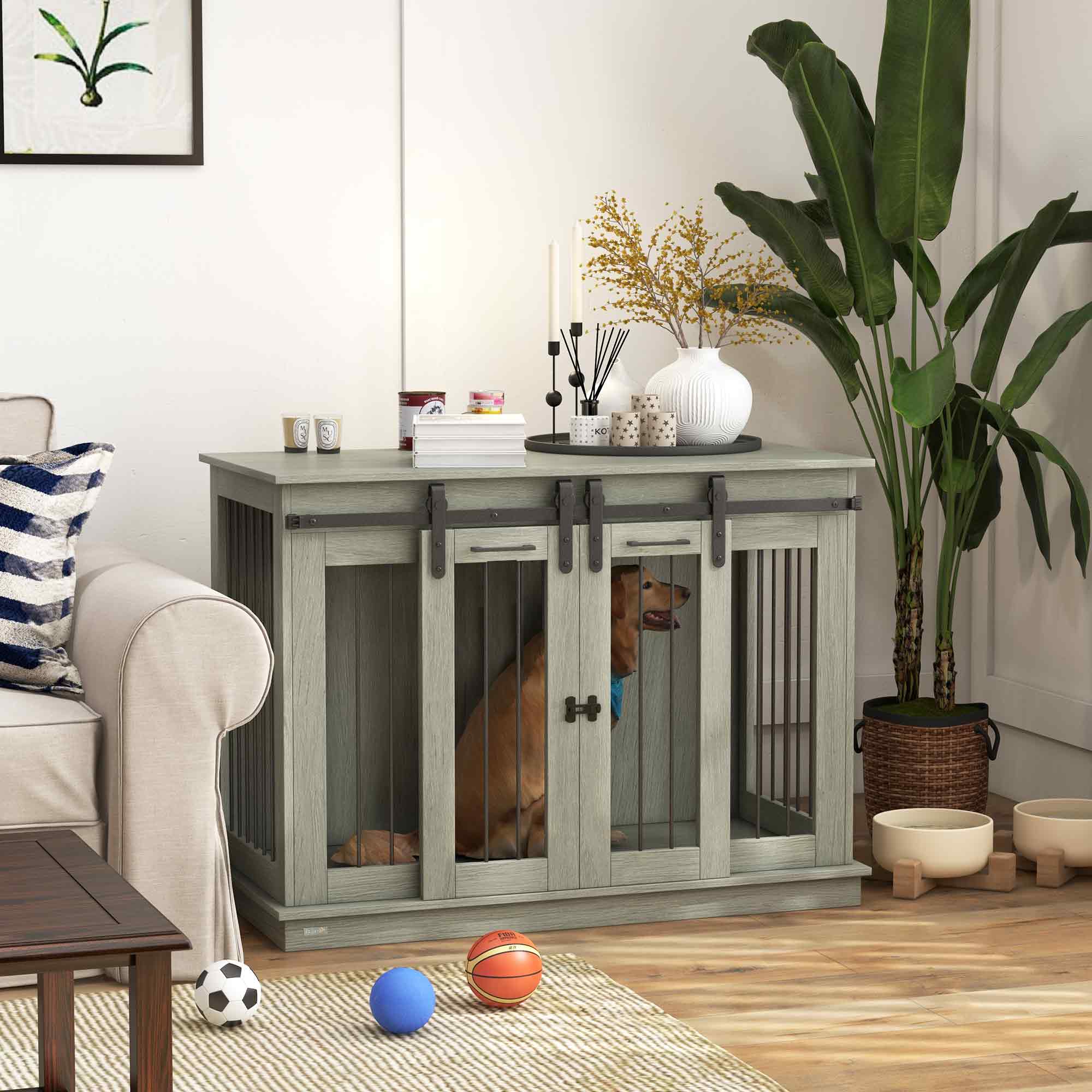 Dog Crate Furniture for Large Dogs, Double Dog Cage for Small Dogs, with Divider - Grey