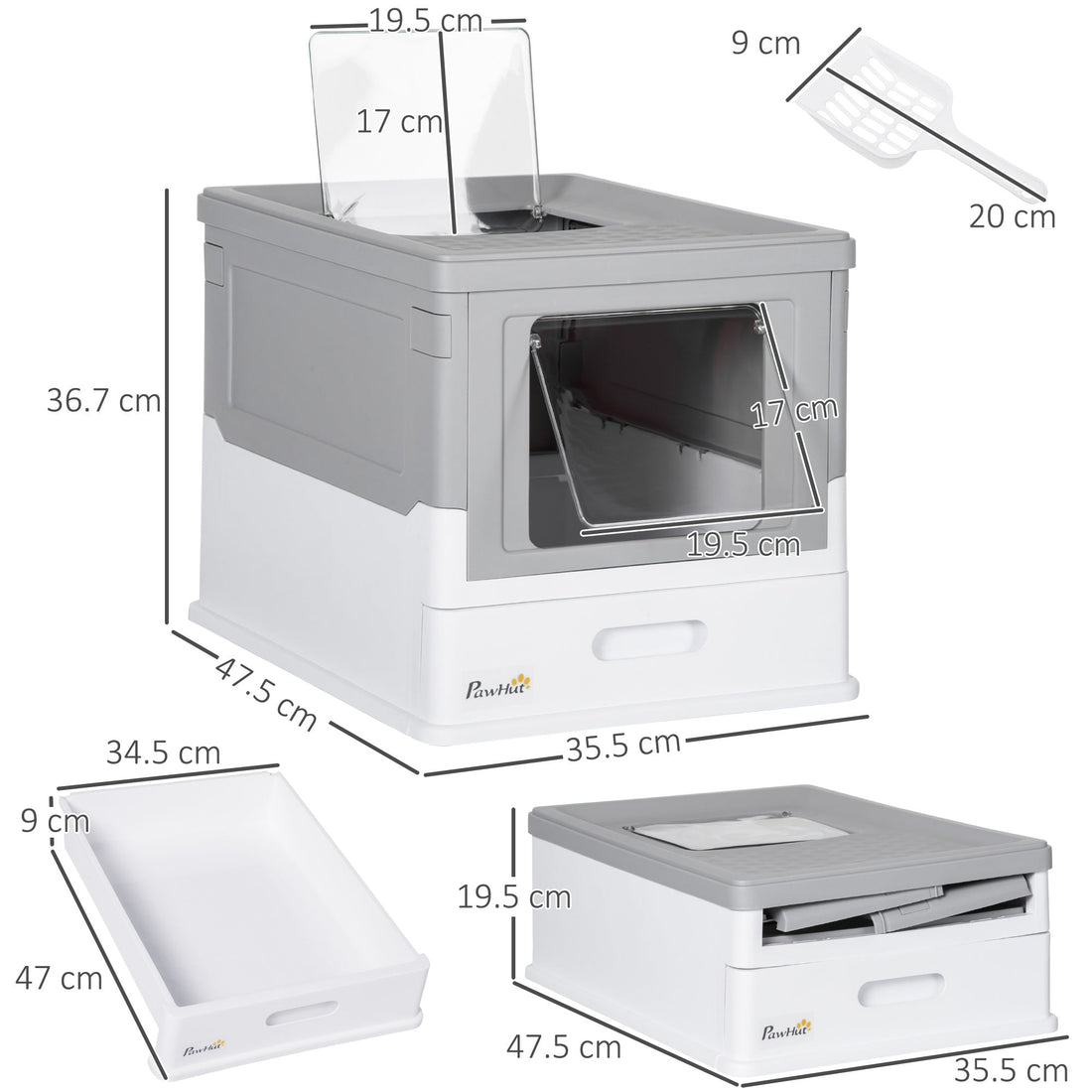Hooded Cat Litter Box, Portable Pet Toilet, with Scoop, Front Entry - Grey