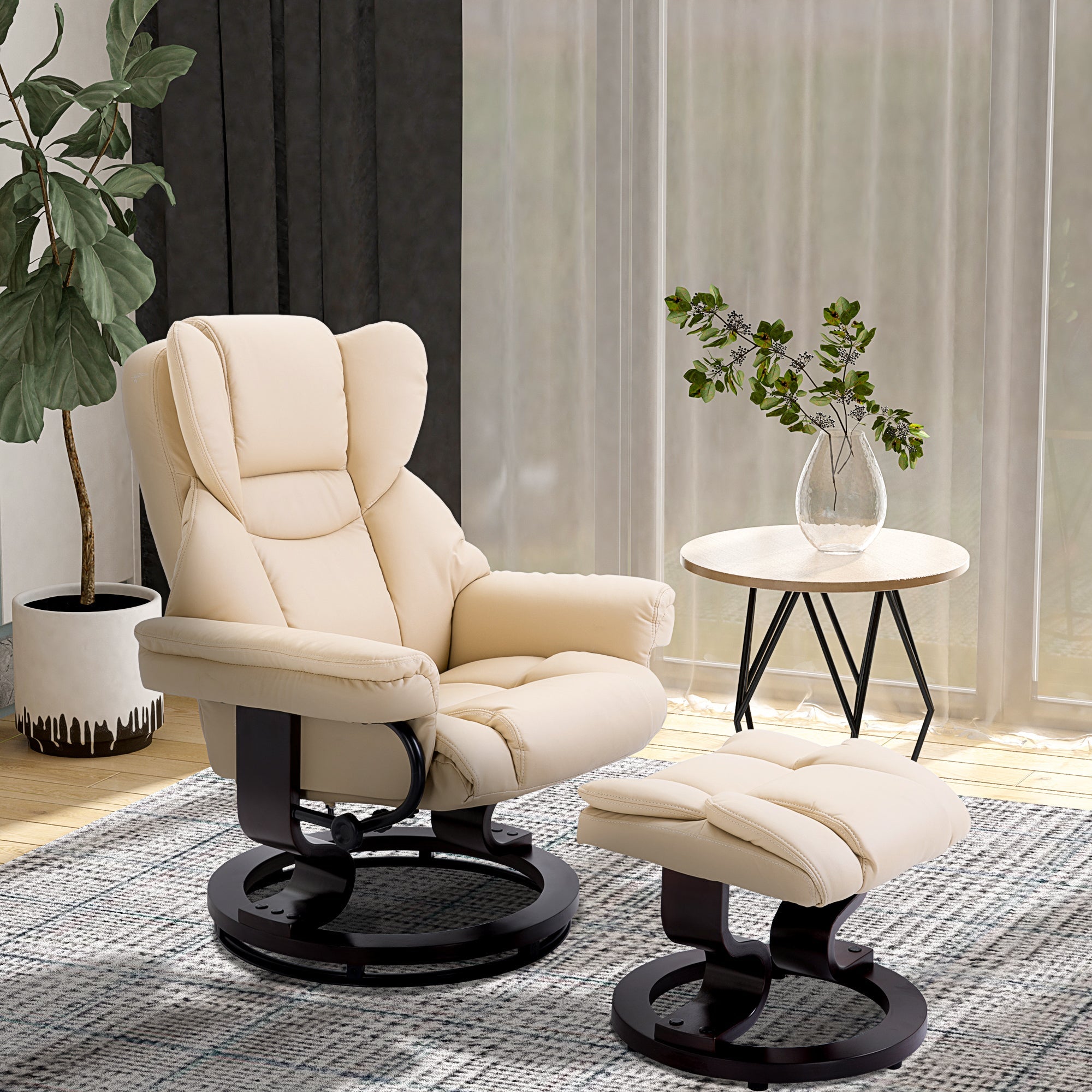 Faux Leather Recliner Chair and Footstool, Swivel Upholstered Armchair and Footstool with Adjustable Backrest, Solid Wood Base for Living Room, Cream