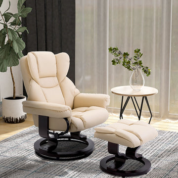 Faux Leather Recliner Chair and Footstool, Swivel Upholstered Armchair and Footstool with Adjustable Backrest, Solid Wood Base for Living Room, Cream
